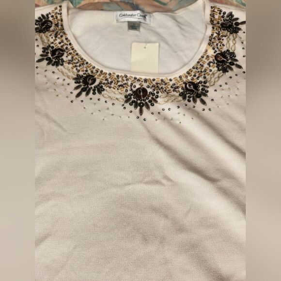 NWT Coldwater Creek L Cream SILK Blend Embroidered Beaded Slvless Knit Women Top - Picture 6 of 10